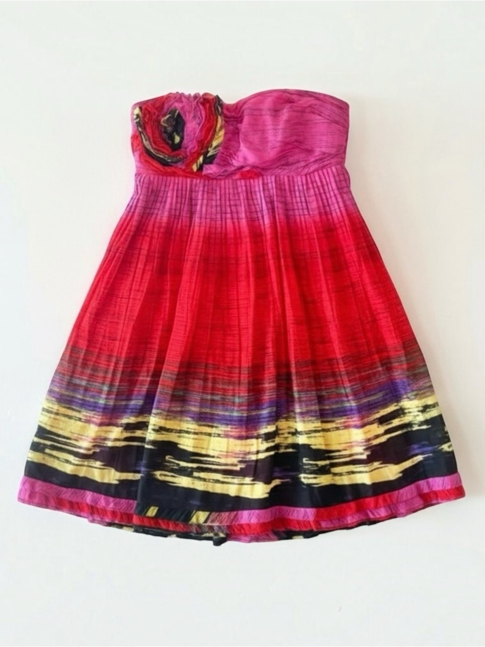 LaROK Strapless Ombre Rosette Mini Dress Pink Red Pleated | Womens XS